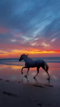 Beautiful reflection of a horse galloping on the coastline under a colorful sunset sky.