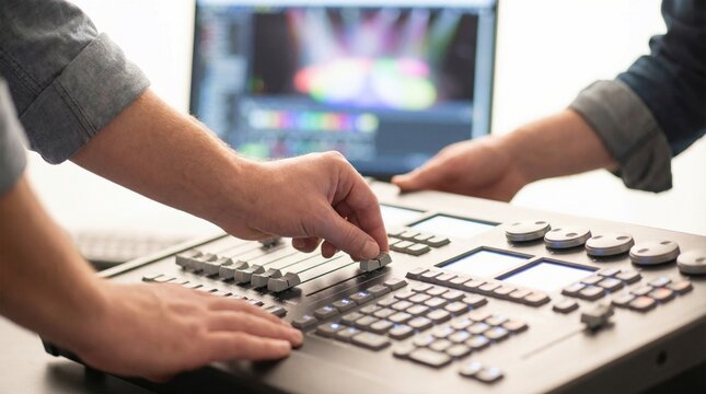Technician hands adjusting sliders on a professional audio video mixing control console