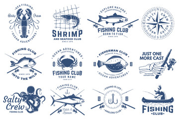 Fishing badge set vector nautical collection sea fishing club patches seafood crab shrimp octopus tuna vintage embroidered style © sivvector