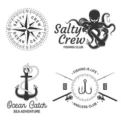 Nautical fishing badge set vector compass anchor hook octopus ocean adventure marine vintage patches collection © sivvector