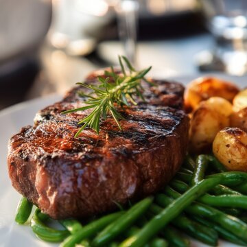 Grilled Steak With Potatoes and Green Beans Served on a Plate in a Restaurant Setting