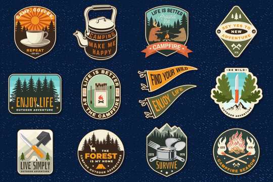 Camping patch badge set vector outdoor adventure collection forest campfire hiking survival vintage embroidered style
