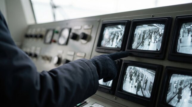 Security personnel pointing at a control panel with multiple CCTV monitors showing a subway station