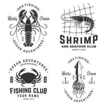 Seafood fishing badge set vector crab shrimp lobster squid nautical ocean adventure patches vintage engraved style