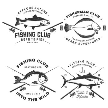 Fishing badge set vector fish tuna crossed rods anglers club outdoor adventure vintage style patches collection