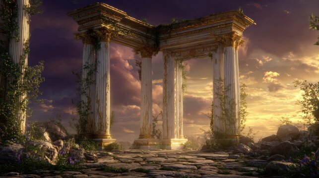 Space universe exploration, fantasy. A vivid portrayal of an ancient Greek or Roman temple, set against a dramatic sunset sky. The temple is adorned with ornate, golden columns and intricate carvings.