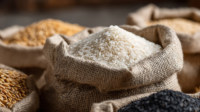 Abundant burlap sacks showcase diverse grains, cereals, and seeds, including white rice, barley, and black rice, natural food ingredients ready for harvest