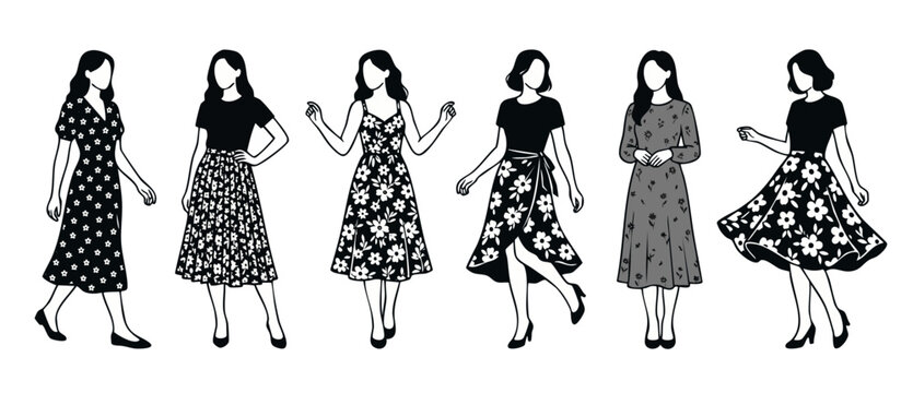 Woman fashion silhouette set floral dress collection, stylish female models in black and white outfits, elegant clothing design, standing poses, summer apparel illustrations for catalog and graphic pr