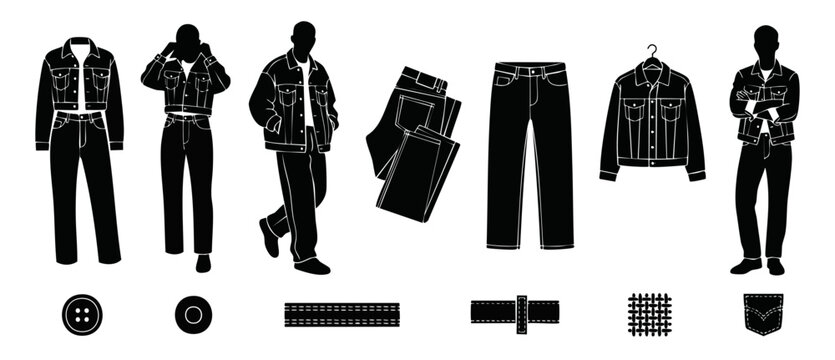 Denim Clothing Icons Set, Jeans and Jacket Fashion Outfits for Men and Women, Vector Silhouette Collection of Casual Apparel, Clothing Elements Including Buttons, Pockets, and Textile Texture Details