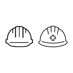 Fototapeta premium Industrial safety hard hat and first aid helmet icon set black line art vector of construction head protection for workplace safety and emergency response