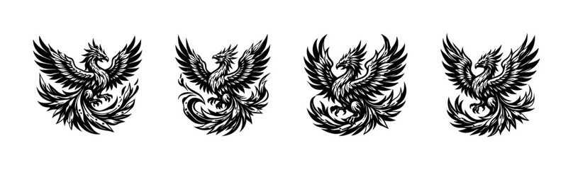 Fototapeta premium Set of four phoenix illustrations in black and white silhouette style, mythical bird, vector art