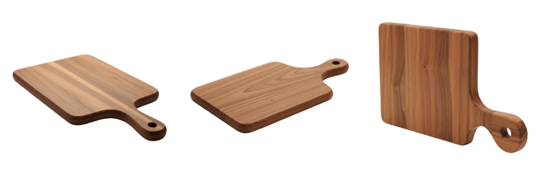 Set and collection of dark wooden cutting board isolated on white transparent png background