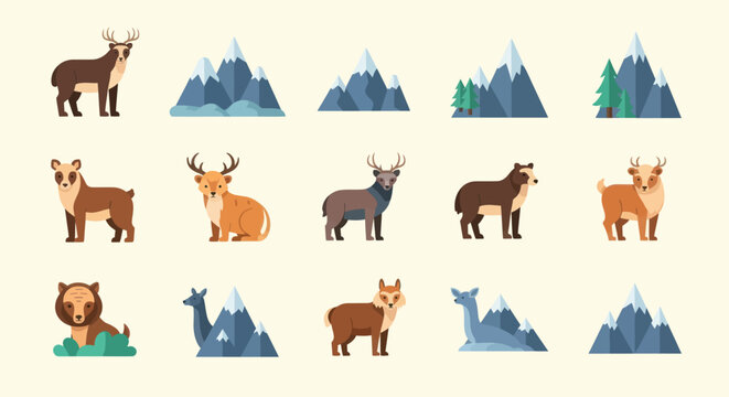 Wildlife animals and mountain peaks set