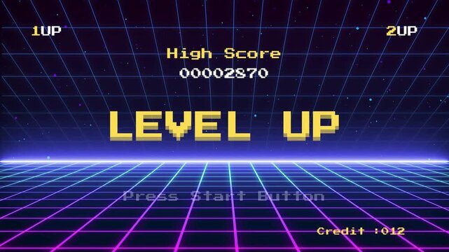 Retro arcade game screen showing 'LEVEL UP' with score and grid background