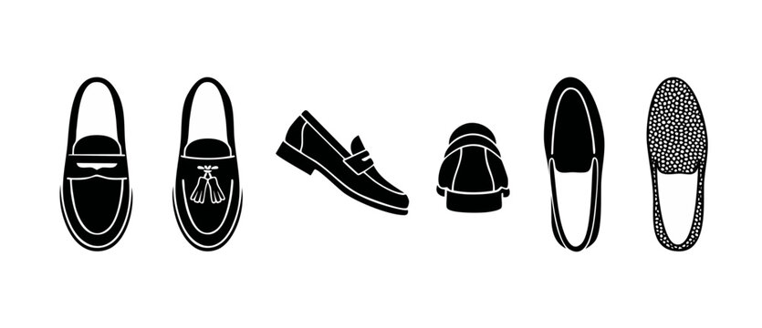 Loafers shoes icons set collection, leather moccasin footwear silhouettes for fashion design, top and side views of classic slip on footwear, minimalist black vector shapes isolated on white backgroun