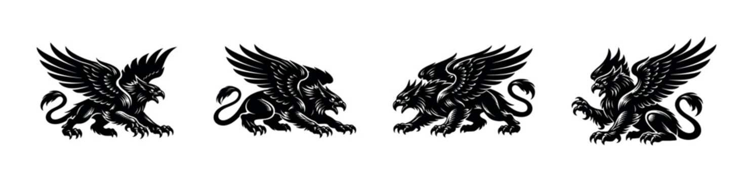 Mythical griffin illustrations set, black and white silhouette, winged creature vector art