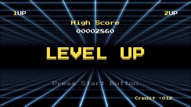 Level Up Screen with High Score and Credit Information Displayed on a Retro Grid Background