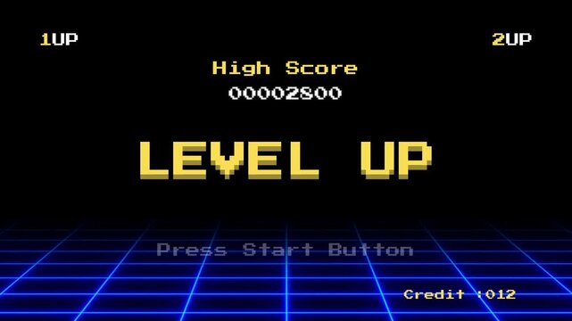 Level Up Screen Displaying High Score and Press Start Button Prompt on a Retro Grid Background