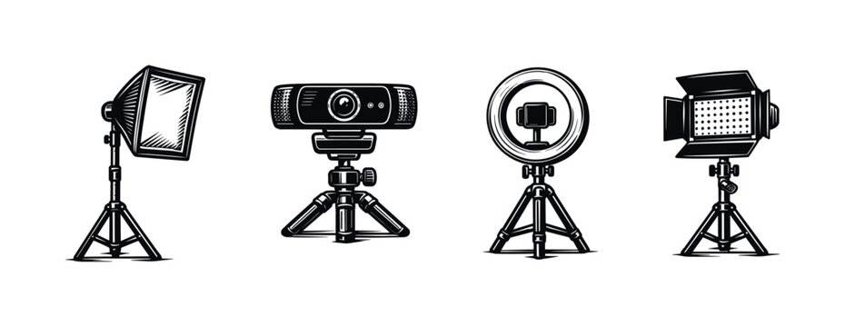 Set of black and white vector illustrations of studio equipment including cameras and lighting on tripods