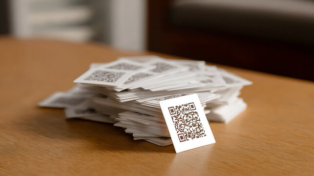 A stack of white cards featuring square matrix barcodes, with one card prominently stand on end beside the pile on a warm wooden table surface