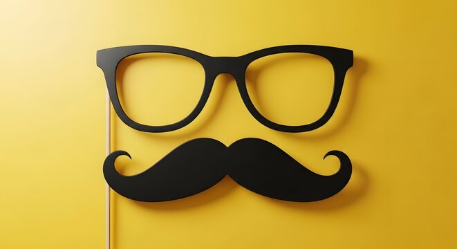 Black cardboard glasses and mustache on stick against yellow background