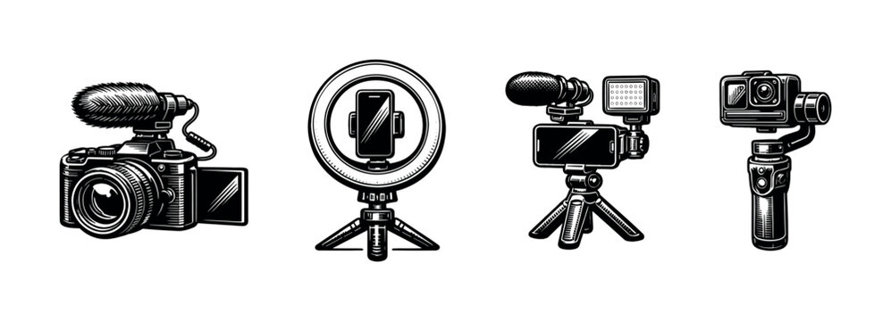 Black and white vintage camera equipment illustration set, including dslr, action cam, phone on tripod