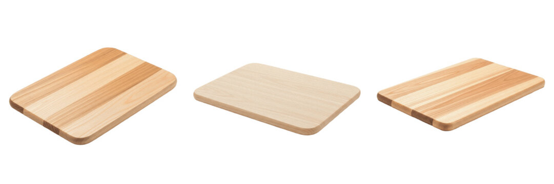 Set and collection of wooden cutting board tray isolated on white transparent png background