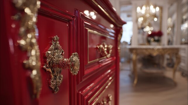 A brightly colored lacquered paneled door with ornate brass hardware, showcasing luxurious antique furniture detail