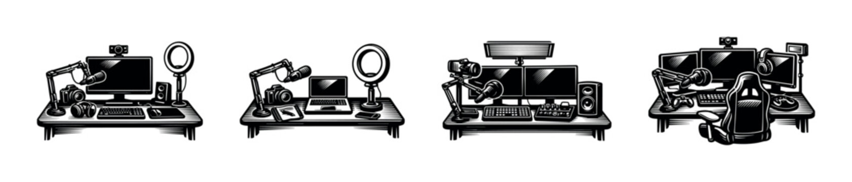Black and white illustration of home studio setups with microphones and computers vector art