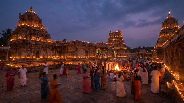 Traditional Indian Temple Festival at Night with Oil Lamps and Sacred Fire Ritual