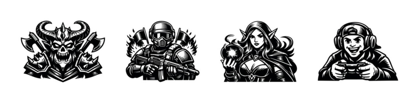 Black and white vector illustration of fantasy and gaming characters including soldier elf demon and gamer
