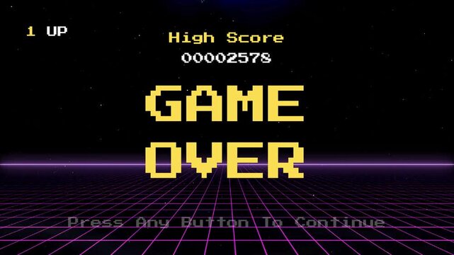 80s retro arcade game high score screen with GAME OVER message and pulsing purple grid background