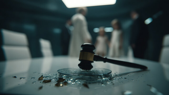 Gavel Symbolizes Broken Justice Amidst Family Dispute in Dimly Lit Room: A Powerful Visual Metaphor for Legal Challenges and Personal Upheaval