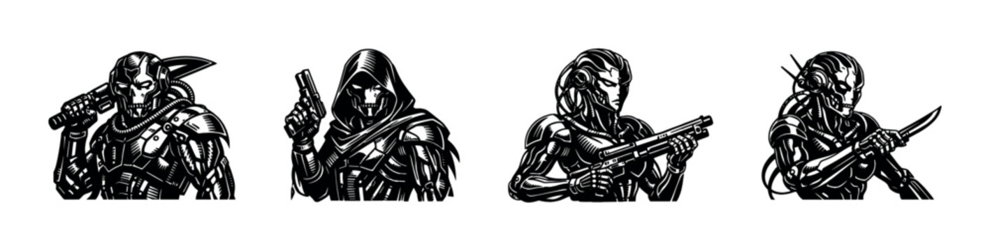 Futuristic cybernetic warriors with weapons, robotic character illustrations, black and white vector silhouettes