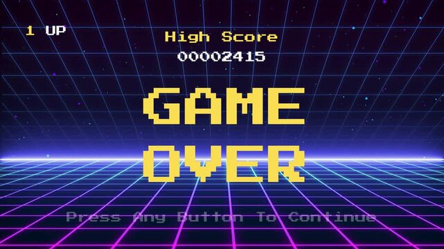Retro Video Game High Score Screen Displaying Game Over with 80s Style Grid Background