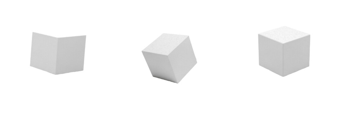 Set and collection of simple white cube geometric 3d object isolated on white transparent png background