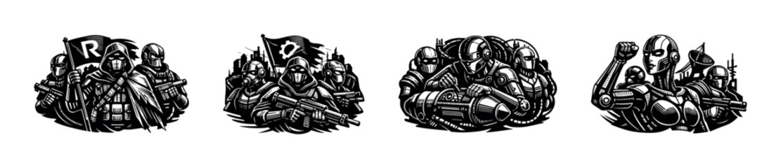 Naklejka premium Futuristic soldier illustrations featuring robotics and armed figures in black and white vector style
