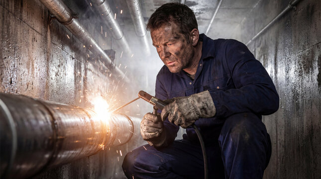 Male welder working on metal pipe in industrial tunnel with sparks.