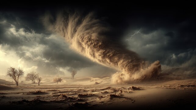 Tornado, twister, weather, natural disaster. A dramatic portrayal of a desert landscape during a storm. A large, swirling dust storm is the main subject. The sky is filled with dark, stormy clouds.