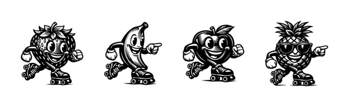 Vector illustration of roller skating fruits strawberry pineapple banana apple black and white clipart