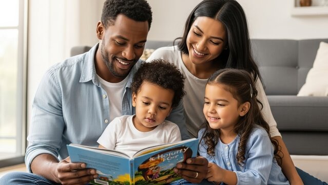 Diverse family reading book together happily at home