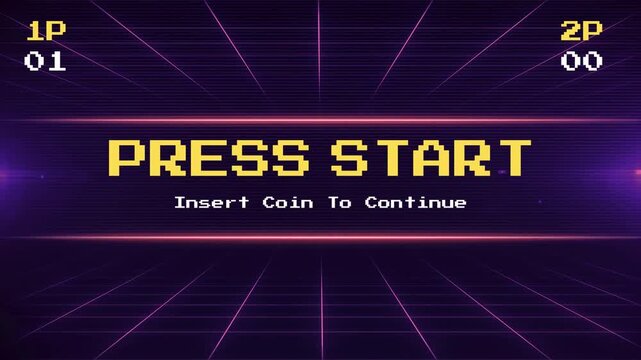 PRESS START - Insert Coin To Continue - Retro Arcade Game Screen with Neon Grid Background