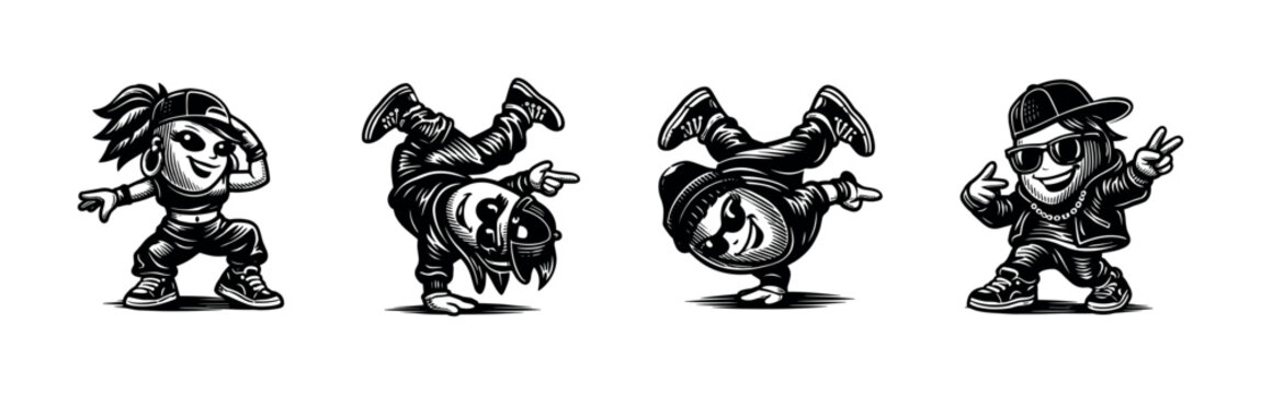 Hip hop dance characters black and white vector illustration with urban style elements