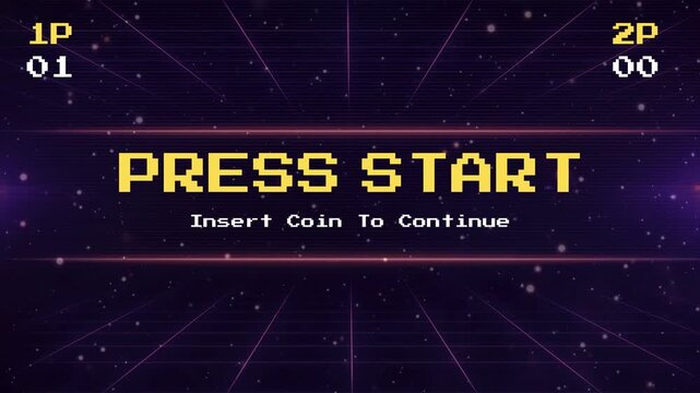 Retro Arcade Press Start Screen with Pixelated Text and Galactic Background