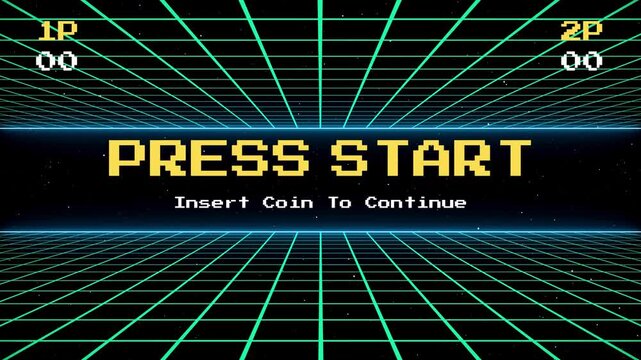 Retro arcade game start screen with a glowing grid background and "PRESS START" text