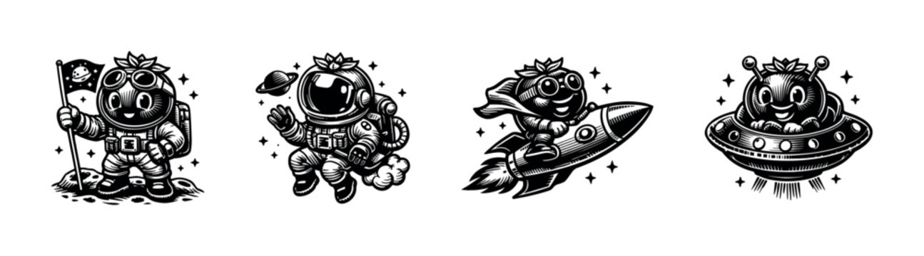Playful astronaut characters in space adventure black and white illustration set