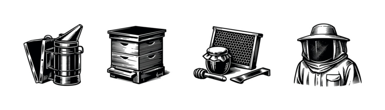 Beekeeping tools and equipment, black and white illustration, vector elements