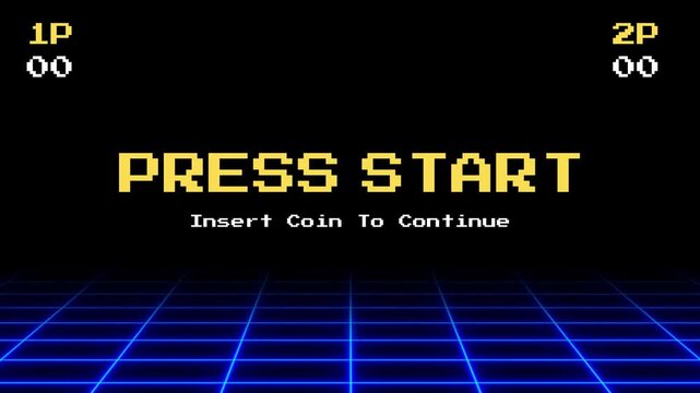 Retro Arcade Game Start Screen with Grid Background and Pixelated Text