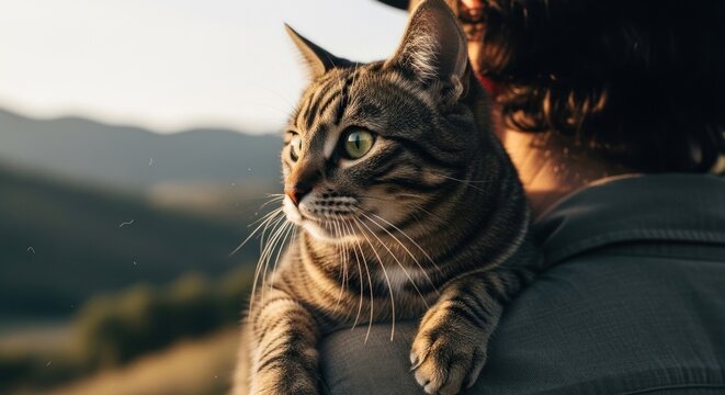 A tabby cat rests on a person's shoulder, looking out at a sunlit landscape