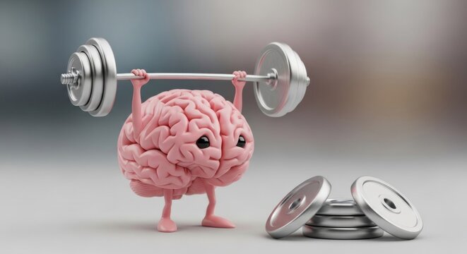Cartoon brain lifting weights, showcasing mental strength and exercise